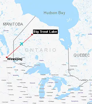 Map showing the route from Armstrong to Big Trout Lake